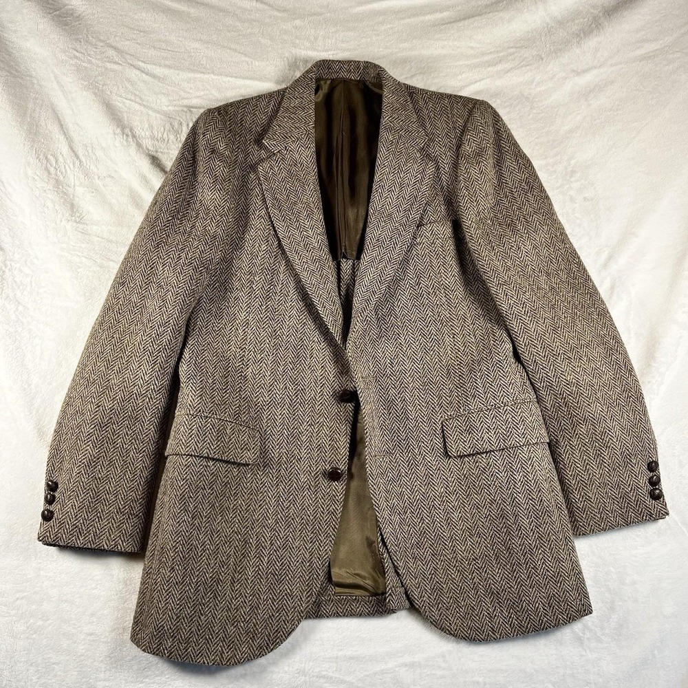 Harris‎ Tweed Blazer  Sz 40L Brown Wool Jacket Coat Old Money Academia Vintage